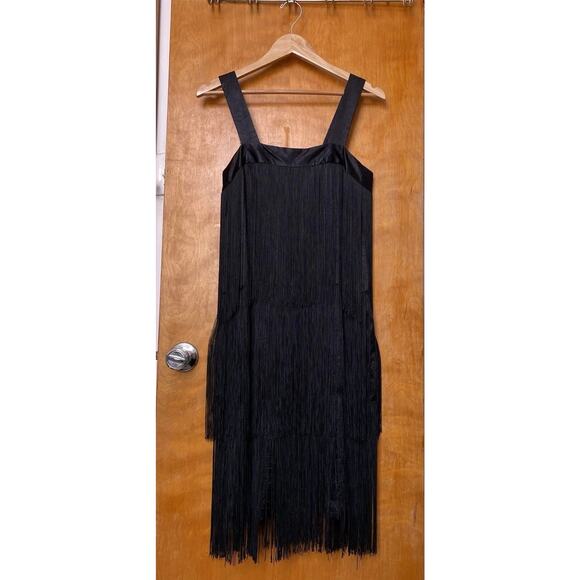 VTG 80s Does 20s Fringe Cocktail Midi Dress Great Gatsby Black Flapper Sz 9 M - Picture 1 of 8